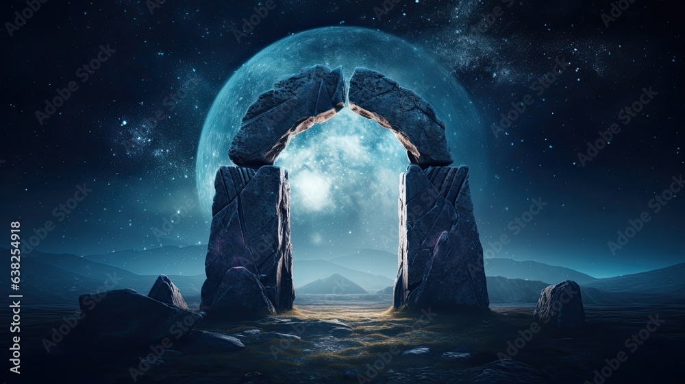 Portal with stone arches in a desert landscape, moon, digital illustration Portal with stone arches in a desert landscape, moon, digital illustration