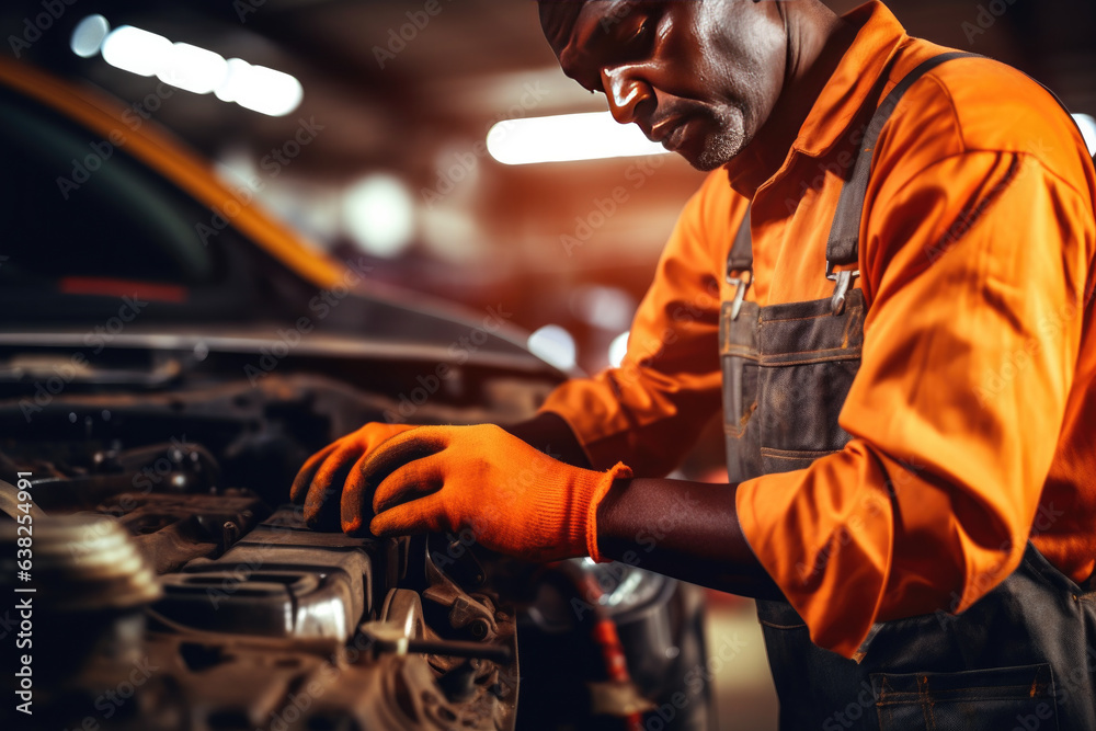 In an industrial workshop, a diverse team of skilled professionals gets their hands dirty to repair and maintain vehicles.  - obrazy, fototapety, plakaty 