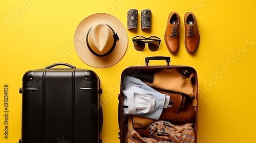 On a yellow background, a flat lay of a black bag with travel accessories. traveling idea. Generative AI. photo