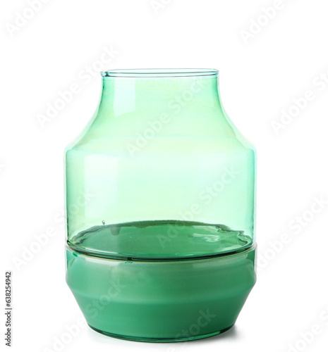 Empty green glass vase on white background