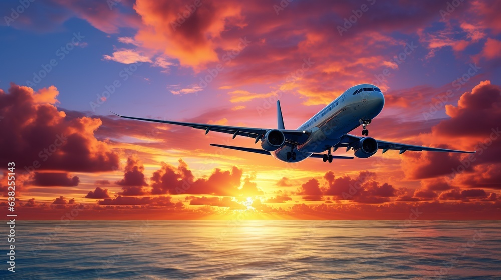 Over the ocean, an airplane flies in a sunset sky. the beach's perspective. taking a flight.