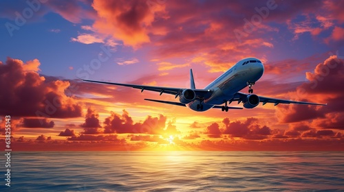 Over the ocean, an airplane flies in a sunset sky. the beach's perspective. taking a flight.