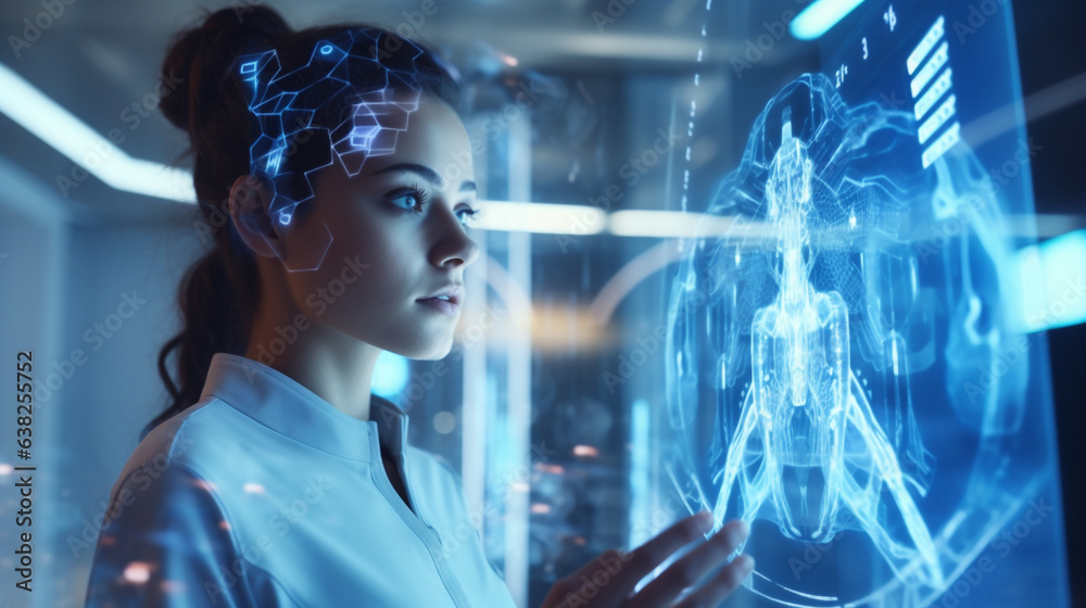 AI-Powered Medical Interface: Diverse Healthcare Professional with Brain Scan Holograms