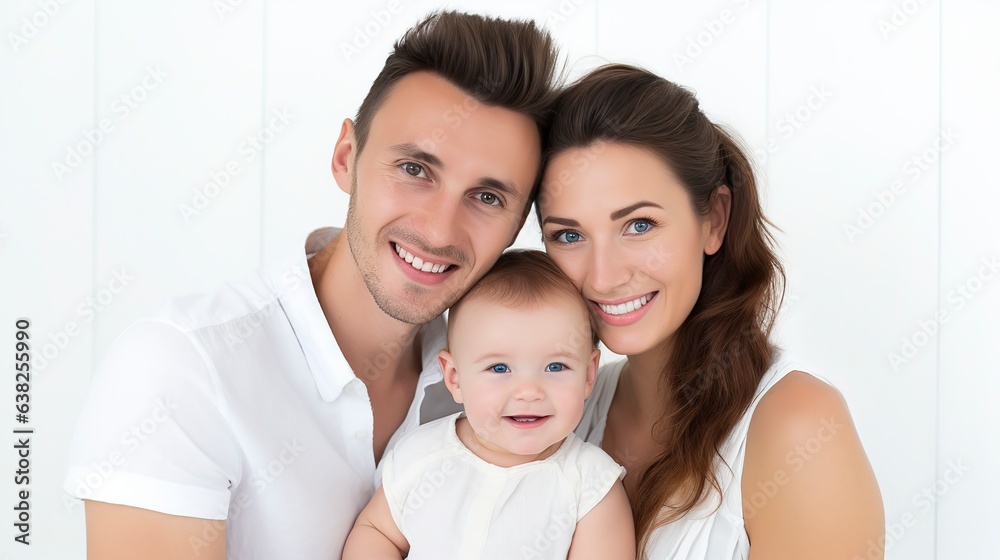 Happy mother and father cuddling and cradling their infant against a white background. joyful family idea.
