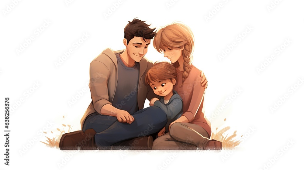 Father, mother and child walk hand in hand, embracing each other on a white background, cartoon style. Father, mother and child walk hand in hand, embracing each other on a white background, cartoon style.