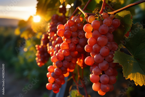 The morning sun plugs into the grape field planted on the farm and the fruits shine beautifully. A production concept suitable for farmers and industries.