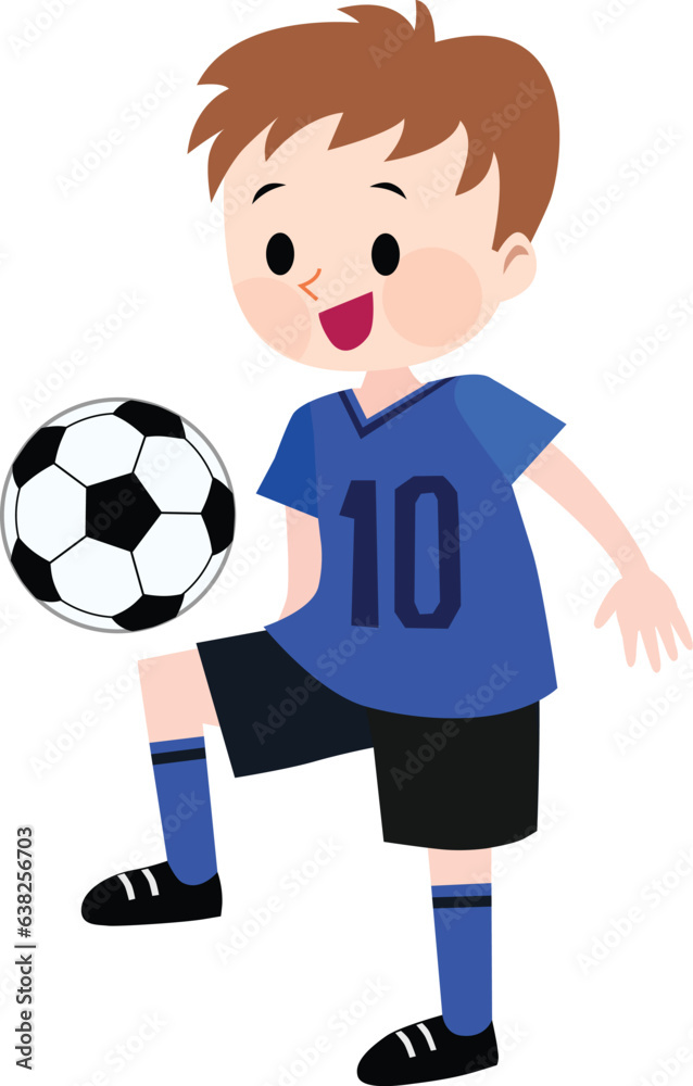 A boy playing soccer wearing blue jersey. Vector Illustration.	