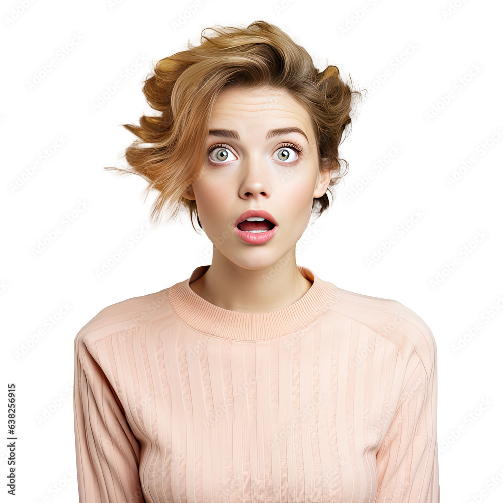 Young blonde woman in expressive pose, surprised