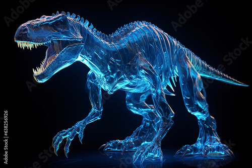 A crystal-clear, aggressive t-rex on a dark background. (Generative AI)