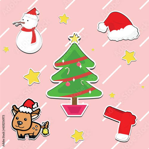 a light pink striped background showcases a decorated Christmas tree, a snowman, a reindeer wearing a Santa hat and bell, a Santa hat, a red stocking, and scattered yellow stars in a cute, cartoon sty
