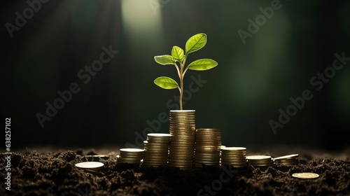 Money coin stack has a plant growing on it. the idea of saving money. support environmentally friendly growth. economic development. Generative AI.