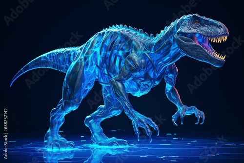 A glowing blue t-rex in the dark background. (Generative AI)