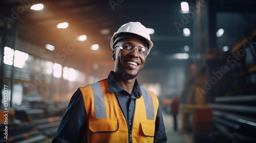 A cheerful African American worker/industrial engineer wearing a hard hat and safety suit is seen in this portrait. A sizable industrial plant is located behind.