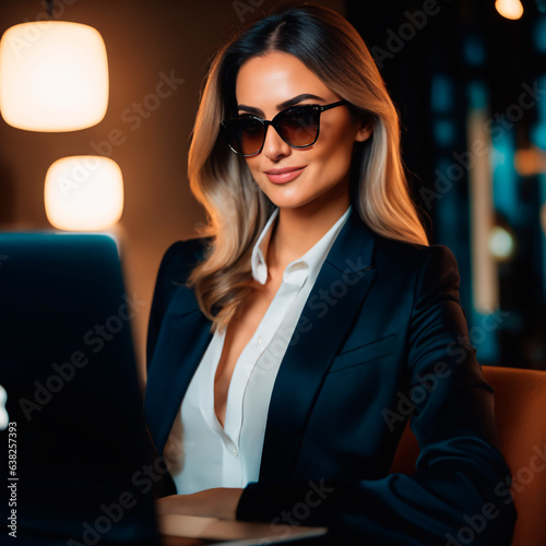 Portrait of smiling businesswoman in sunglasses using laptop while sitting in cafe.
