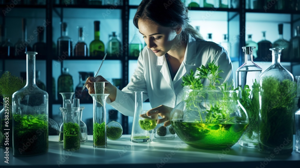 Alternative green herb medication, natural organic and scientific extraction in glassware, scientist with experience in natural drug research. Generative AI.