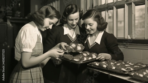 schoolgirls in home economics class taking muffins out of the oven. Generative AI. photo
