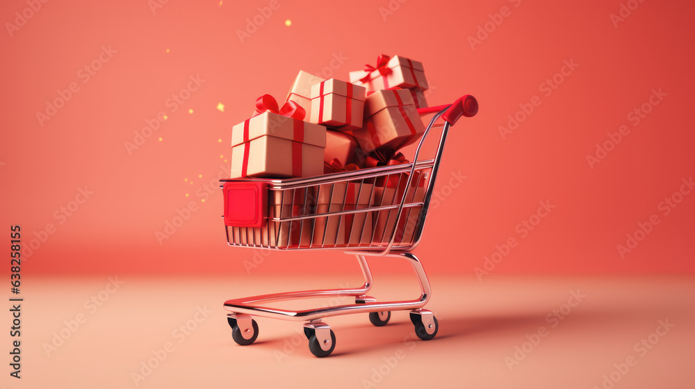 Red Boxes in a trolley on the pastel background Red Boxes in a trolley on the pastel background