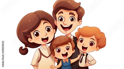 Cartoon-style, a happy family with little children, cuddling, laughing, and enjoying themselves at home.