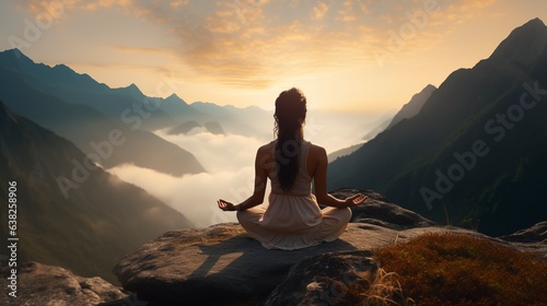 A woman is meditating and doing yoga on a mountain. Generative AI. © KKC Studio