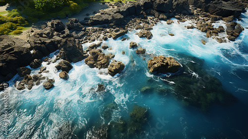 a Tropical Island Viewed From Above Rocky Shoreline Cerulean Water White Waves AI Generative