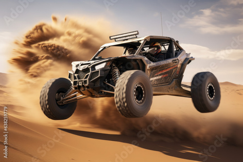 In the heart of the desert, a young man embraces the thrill of extreme sports. Riding his quad bike through the sandy dunes under the blazing summer sky, he conquers the challenging terrain with darin