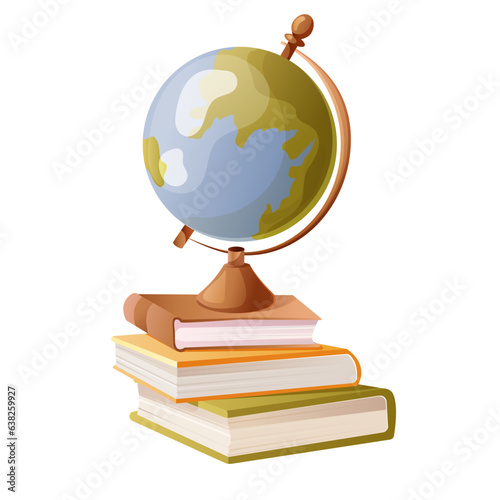 Globe stands on the books. Colorful sign of Earth model, geography sign and books as a learning symbol, geographical discoveries. Vector illustration isolated on white background