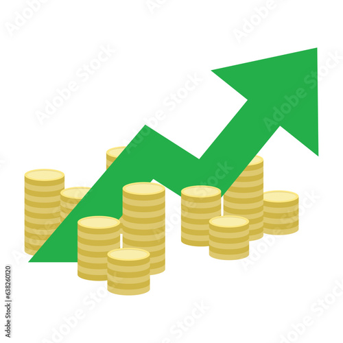 Vector illustration of golden coin stacks with a large green upward arrow, symbolizing financial growth. Simple, flat design on a white background