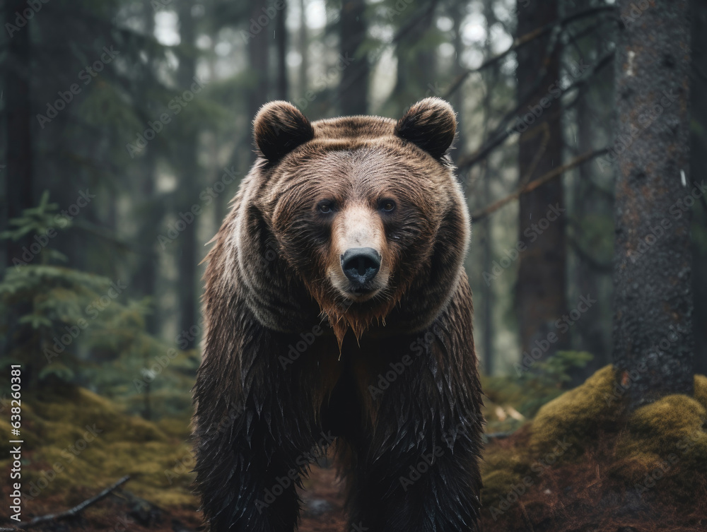 Fototapeta premium Brown bear walking slowly through the forest.