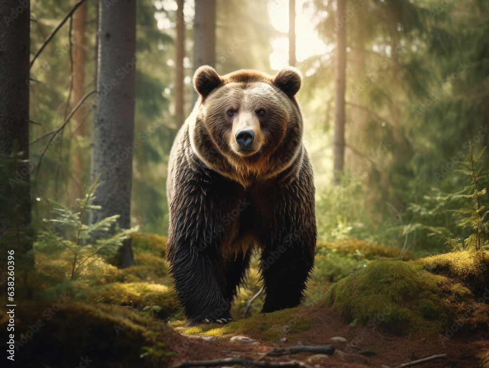 Fototapeta premium Brown bear walking slowly through the forest.
