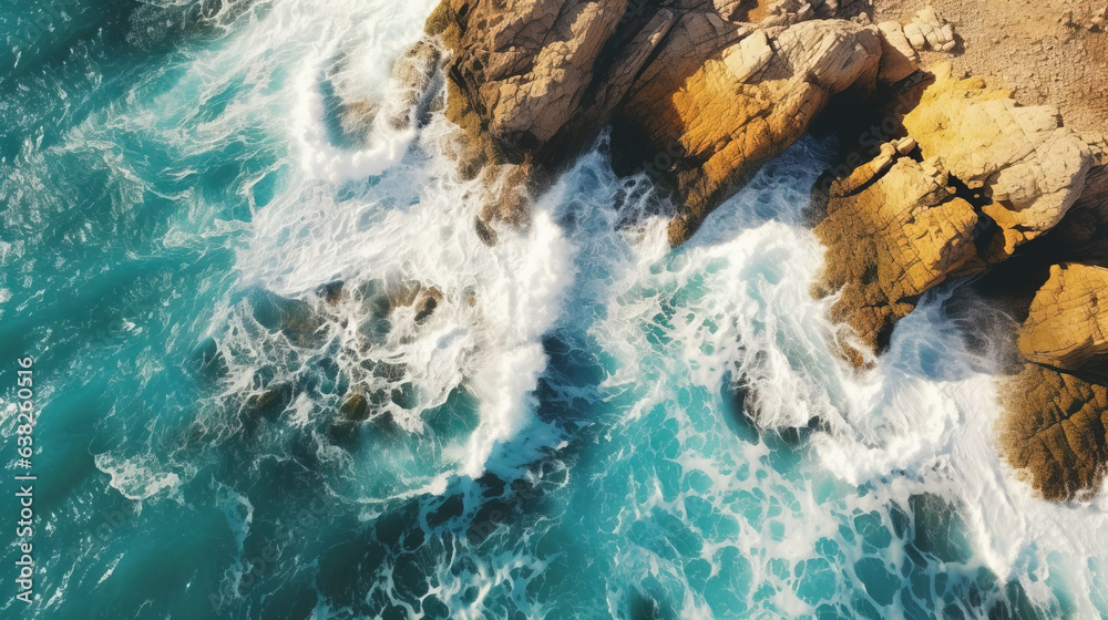 A Cliff With Waves in The Style of Birds Eye View Turquoise Sea and Gold AI Generative