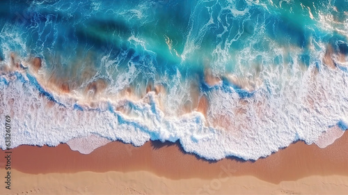 Ocean Wave on Coastal Zone, white Sand Deep Blue Water Drone View AI Generative