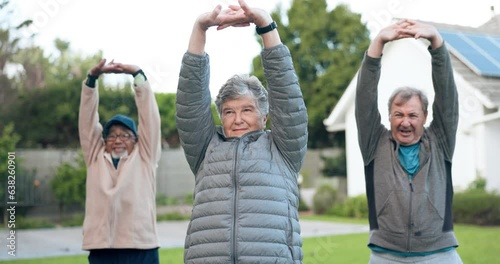 Arms, stretching or old people in outdoor fitness training together for health or exercise in retirement. Warm up, elderly men or friends in park to move body in workout for wellness or flexibility