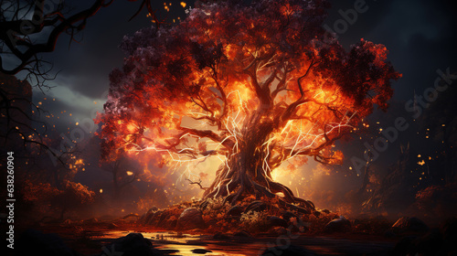 The Fire Consumes The Big Tree of Life in Forest Thuderstorm Background AI Generative