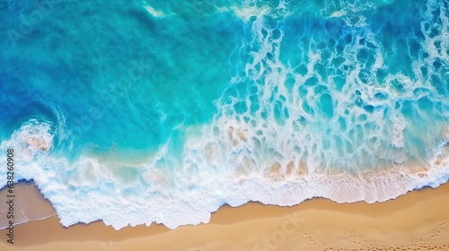 Beautiful Tropica Wave on Empty Beach Gold Sand Deep Blue Water Shoreline Aerial View Seascapes Generative AI © Image Lounge