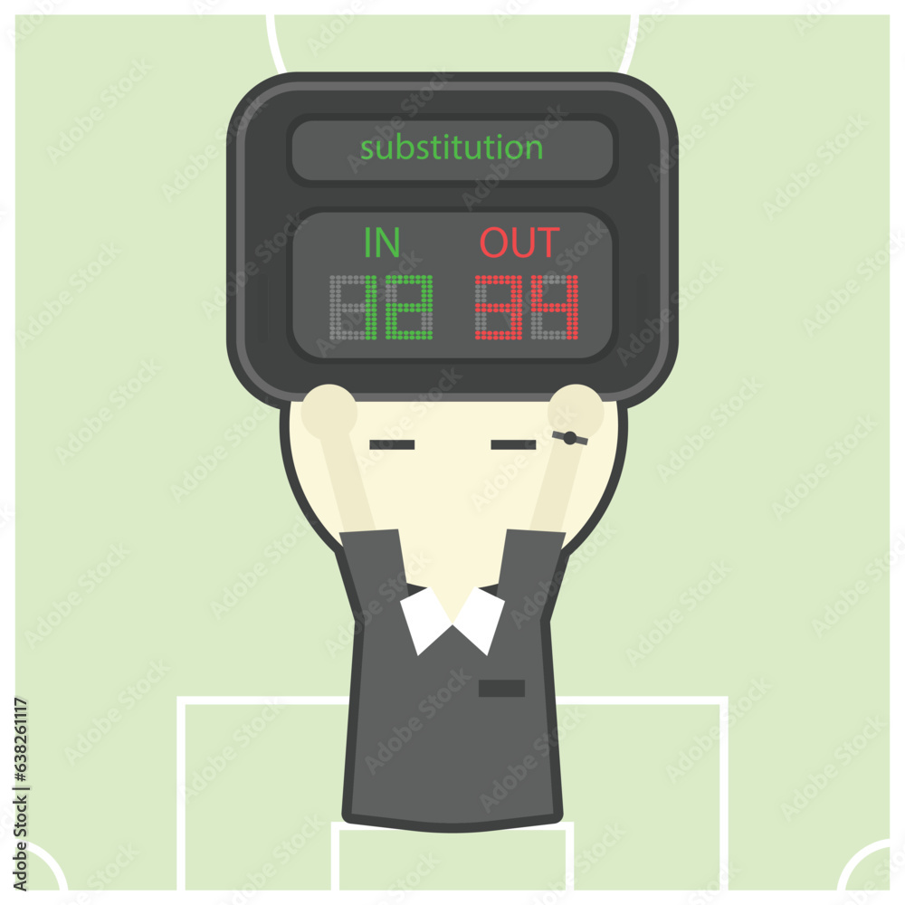 Football or soccer referee hold substitution board cartoon object on green background, vector illustration