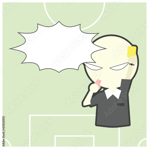 Football or soccer referee hold yellow card cartoon object on green background, vector illustration