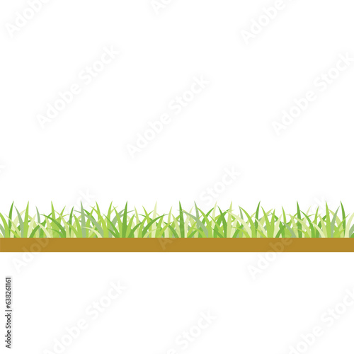 A strip of stylized green grass with light brown soil underneath is shown against a white background. The grass blades vary in shade, creating a sense of depth