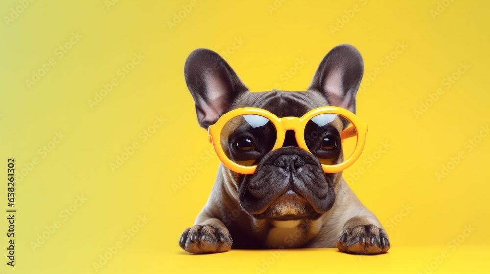 Cute French Bulldog in trendy yellow sunglasses isolated on yellow background.
