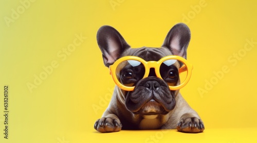 Cute French Bulldog in trendy yellow sunglasses isolated on yellow background. © Pro Hi-Res
