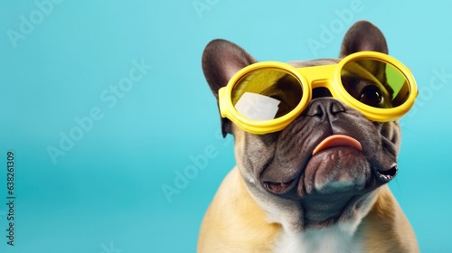 Cute French Bulldog in trendy yellow sunglasses isolated on blue background.