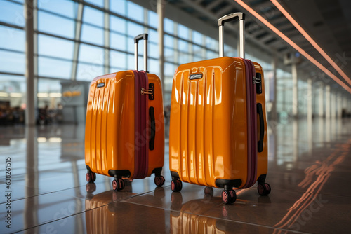 Two orange carry on suitcases at an airport. Generative AI. photo