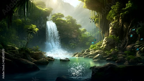 waterfall in forest video background, with jungle, river, tree, amazing fantasy video 