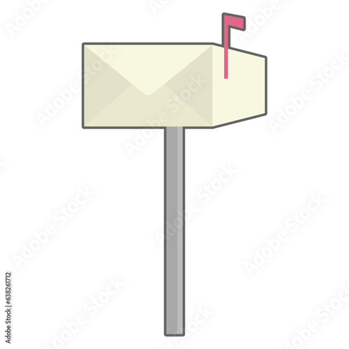 a cartoon-style mailbox. The mailbox is light beige with a grey post and a pink flag. There is a stylized envelope depicted on the front of the mailbox. The background is white