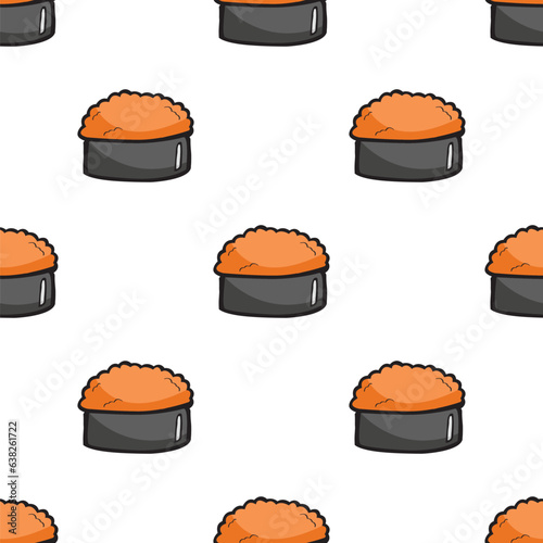a repeating pattern of cartoon-style ikura nigiri sushi on a white background. Each piece features orange salmon roe atop light gray rice, wrapped in dark gray nori with black outlines