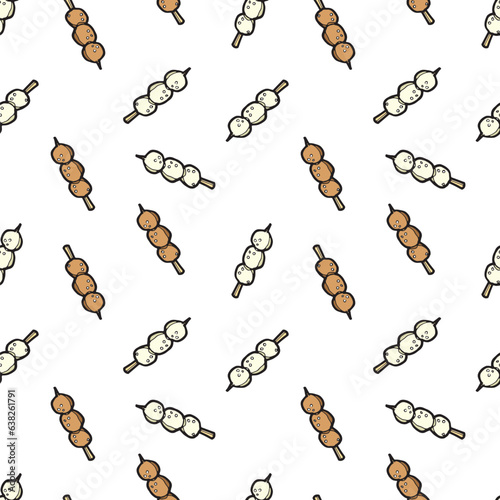 Cute hand-drawn seamless pattern featuring stylized meatballs on sticks against a white background