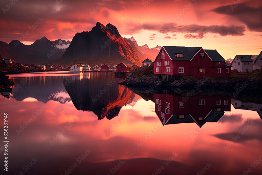 Pink sunset over the typical norway red houses, reflection in water. Generative AI  - obrazy, fototapety, plakaty 