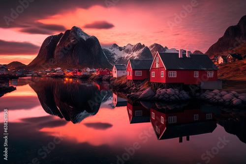 Pink sunset over the typical norway red houses  reflection in water. Generative AI 