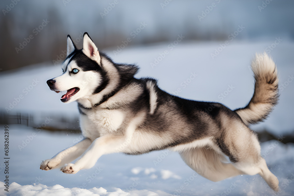 Husky running in the snow,Generative AI