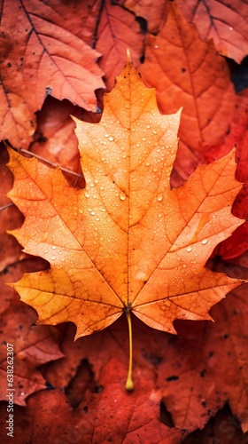 AI generated  a close up photo of a reddish autumn leaf with blank space for text  vertical form  vibrant stage backdrops  gold and crimson.