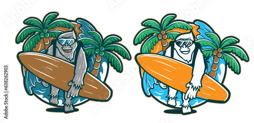 yeti holding surf board on a beach illustration1